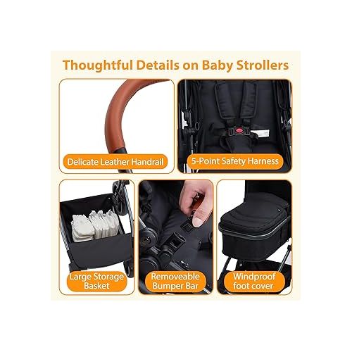  GAOMON 2-in-1 Convertible Baby Stroller with Bassinet Mode - Foldable Infant Pushchair, Toddler High Landscape Stroller with Reversible Stroller Seat, Aluminum Structure, 5-Point Harness, Black