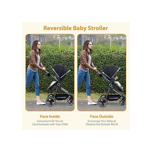  GAOMON 2-in-1 Convertible Baby Stroller with Bassinet Mode - Foldable Infant Pushchair, Toddler High Landscape Stroller with Reversible Stroller Seat, Aluminum Structure, 5-Point Harness, Black