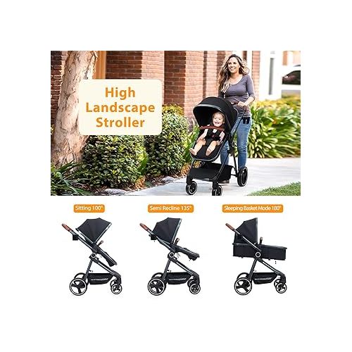  GAOMON 2-in-1 Convertible Baby Stroller with Bassinet Mode - Foldable Infant Pushchair, Toddler High Landscape Stroller with Reversible Stroller Seat, Aluminum Structure, 5-Point Harness, Black