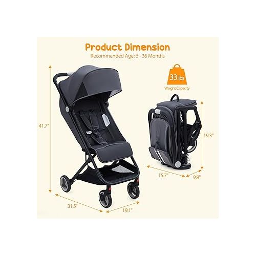  GAOMON Lightweight Stroller, Compact One Hand Fold Travel Stroller for Airplane Friendly, Reclining Seat and Canopy, Smooth Suspension, Travel System Ready, Black
