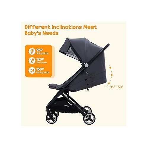  GAOMON Lightweight Stroller, Compact One Hand Fold Travel Stroller for Airplane Friendly, Reclining Seat and Canopy, Smooth Suspension, Travel System Ready, Black