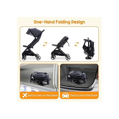  GAOMON Lightweight Stroller, Compact One Hand Fold Travel Stroller for Airplane Friendly, Reclining Seat and Canopy, Smooth Suspension, Travel System Ready, Black