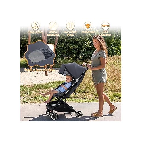  GAOMON Lightweight Stroller, Compact One Hand Fold Travel Stroller for Airplane Friendly, Reclining Seat and Canopy, Smooth Suspension, Travel System Ready, Black