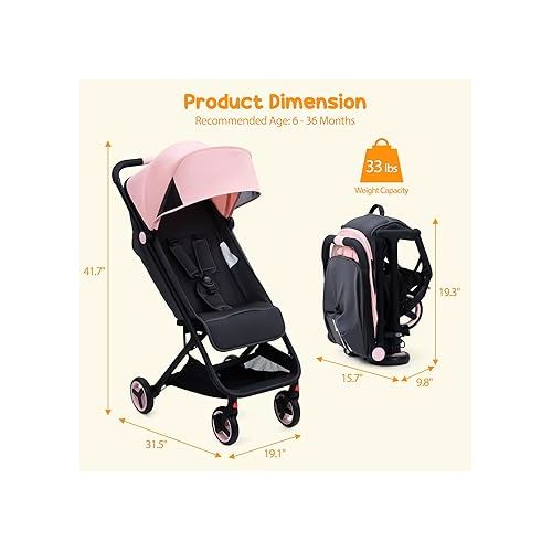  GAOMON Lightweight Stroller, Compact One Hand Fold Travel Stroller for Airplane Friendly, Reclining Seat and Canopy, Smooth Suspension, Travel System Ready, Pink