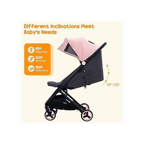  GAOMON Lightweight Stroller, Compact One Hand Fold Travel Stroller for Airplane Friendly, Reclining Seat and Canopy, Smooth Suspension, Travel System Ready, Pink