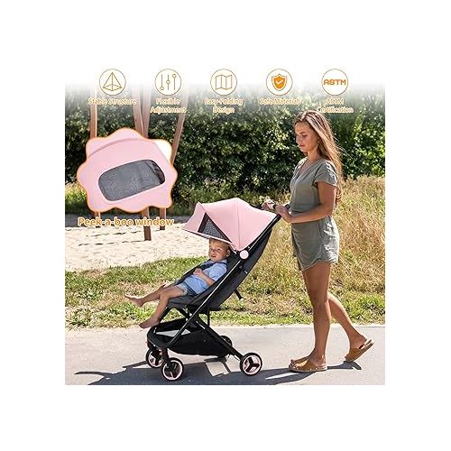  GAOMON Lightweight Stroller, Compact One Hand Fold Travel Stroller for Airplane Friendly, Reclining Seat and Canopy, Smooth Suspension, Travel System Ready, Pink