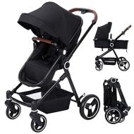 GAOMON 2 in1 Baby Stroller, High Landscape Infant Stroller, Reversible Bassinet Pram Stroller, Pushchair Adjustable Backrest & Canopy, Foldable Aluminum Alloy Anti-Shock Stroller for Newborn (Black)