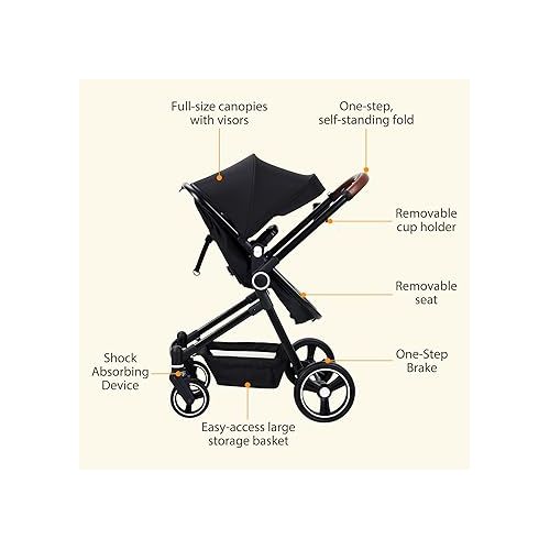  GAOMON 2 in1 Baby Stroller, High Landscape Infant Stroller, Reversible Bassinet Pram Stroller, Pushchair Adjustable Backrest & Canopy, Foldable Aluminum Alloy Anti-Shock Stroller for Newborn (Black)