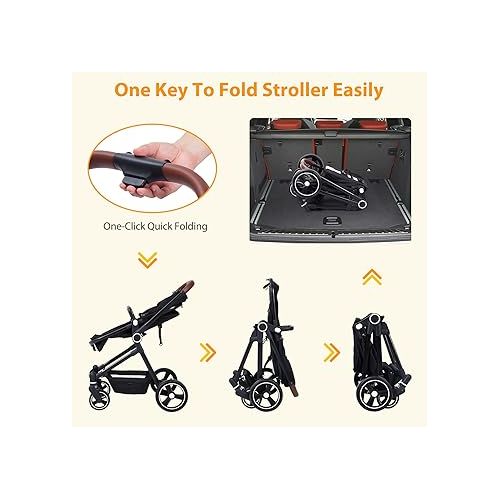  GAOMON 2 in1 Baby Stroller, High Landscape Infant Stroller, Reversible Bassinet Pram Stroller, Pushchair Adjustable Backrest & Canopy, Foldable Aluminum Alloy Anti-Shock Stroller for Newborn (Black)