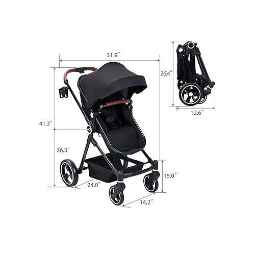  GAOMON 2 in1 Baby Stroller, High Landscape Infant Stroller, Reversible Bassinet Pram Stroller, Pushchair Adjustable Backrest & Canopy, Foldable Aluminum Alloy Anti-Shock Stroller for Newborn (Black)