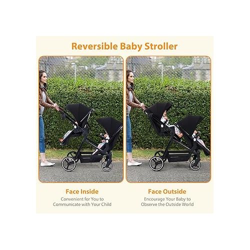  GAOMON 2 in1 Baby Stroller, High Landscape Infant Stroller, Reversible Bassinet Pram Stroller, Pushchair Adjustable Backrest & Canopy, Foldable Aluminum Alloy Anti-Shock Stroller for Newborn (Black)