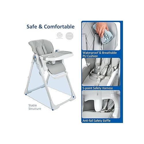  GAOMON Baby High Chair, Multifunctional Infant Highchairs with Adjustable Height and Recline, Foldable High Chair for Babies & Toddlers, High Chair with Removable Tray Easy Clean (Gray)
