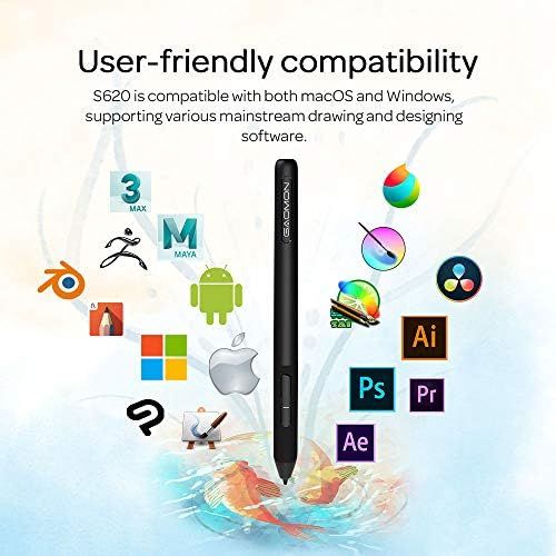  [아마존베스트]GAOMON S620 tablet 6.5 x 4 inches (diagonal: 7.6 inches) graphic tablet (with 4 express buttons) with battery-free pen, Black