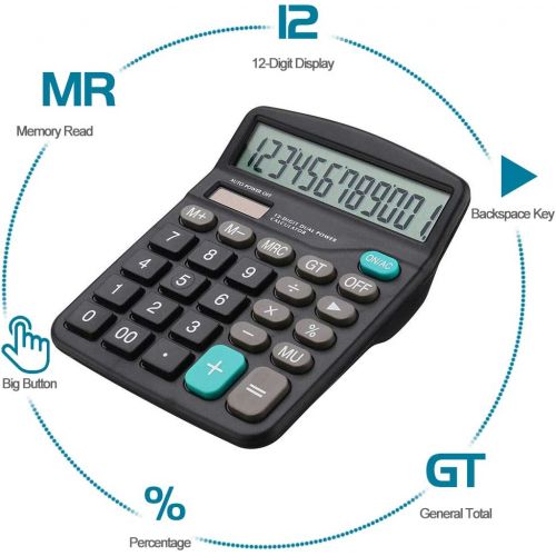  GAOYAING Black Standard Function Desktop Calculator 12 Digit Large LCD Display Calculators Dual Power Handheld for Daily and Basic Office