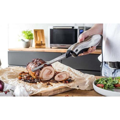  Gastroback 41600 Home Culture-Design Elektro Messer, INOX-Touch-Gehause, 120 Watt, inkl. Multischnitt-und Wellenschliffklinge, Metall, Silber