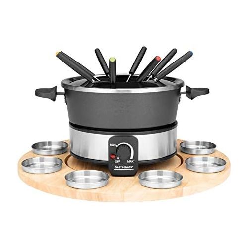  GASTROBACK 42566 Fondue Set, praktischer Drehteller mit 8 Edelstahl-Saucenbehalter Stufenlos regelbar von 40°C bis 190°C, 1.000 Watt, 1000, Antihaftbeschichteter Topf, schwarz, sil