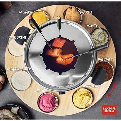  GASTROBACK 42566 Fondue Set, praktischer Drehteller mit 8 Edelstahl-Saucenbehalter Stufenlos regelbar von 40°C bis 190°C, 1.000 Watt, 1000, Antihaftbeschichteter Topf, schwarz, sil