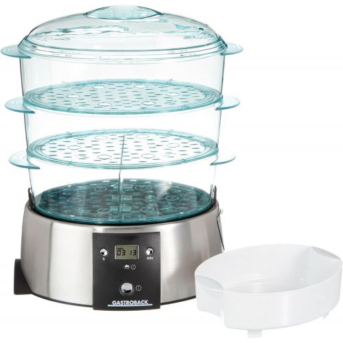  Gastroback 42510 Design Dampfgarer, LCD-Display, 650 Watt, inklusive 3 durchsichtigen Garbehaltern (je 3 l Volumen), Warmhaltefunktion, 9 liters, Edelstahl, Transparent