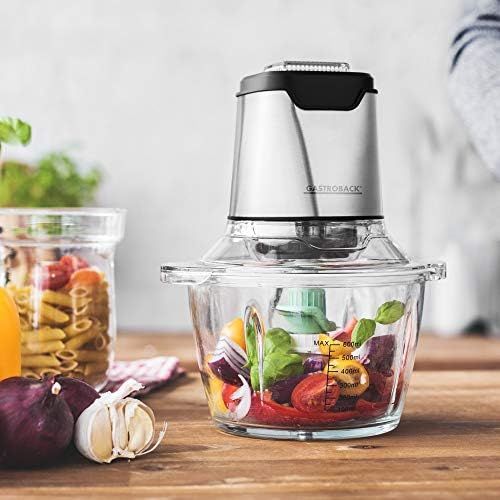  [아마존베스트]Gastroback 40961 Design Mini Chopper Plus, Multi Chopper 3 Stainless Steel Sickle Knives, 400 Watt, 1.2 Litre Glass Container, Steel, Stainless Steel Design