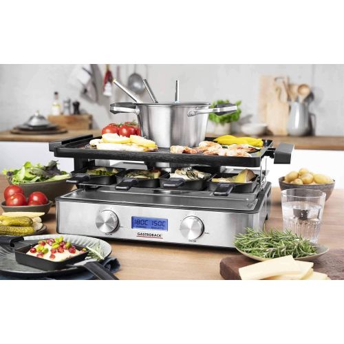  [아마존베스트]GASTROBACK 42562 Raclette Fondue Advanced Plus, Can Be Used Separately or Combined, Illuminated LCD Display, Stainless Steel Housing, For Up To 9 People, 2200 Watt, 2200, Black, Si