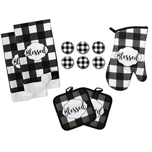  [아마존베스트]Farmhouse Daisy Designs Buffalo Check Blessed Kitchen Towel Set with Pot Holders Oven Mitt and Set of 6 Refrigerator Magnets - Black and White Plaid - Modern Farmhouse Decor Gift Set (Towels & Potholder S