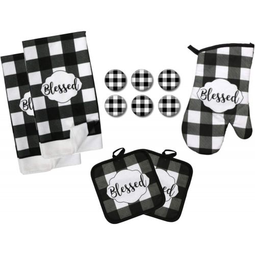  [아마존베스트]Farmhouse Daisy Designs Buffalo Check Blessed Kitchen Towel Set with Pot Holders Oven Mitt and Set of 6 Refrigerator Magnets - Black and White Plaid - Modern Farmhouse Decor Gift Set (Towels & Potholder S