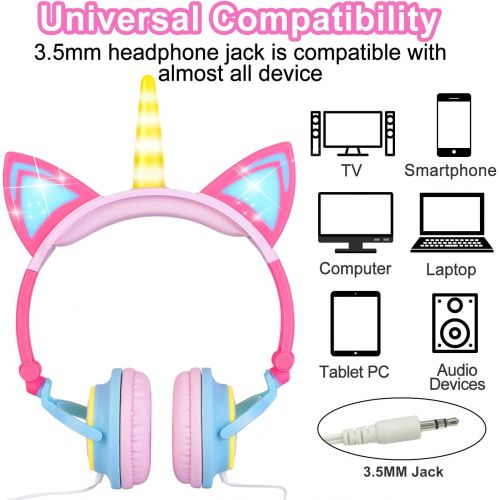  [아마존 핫딜] [아마존핫딜]GBD Unicorn Kids Cat Ear Headphones Light Up Wired Adjustable for Boys Girls Tablet School Supplies, Led Glowing Kids Earphones Foldable Over On Ear Game Headset Toddlers Travel Bi