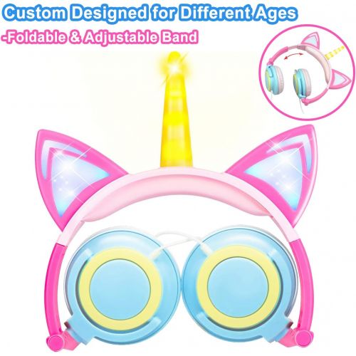  [아마존 핫딜] [아마존핫딜]GBD Unicorn Kids Cat Ear Headphones Light Up Wired Adjustable for Boys Girls Tablet School Supplies, Led Glowing Kids Earphones Foldable Over On Ear Game Headset Toddlers Travel Bi