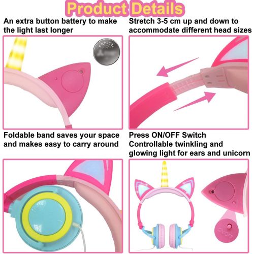  [아마존 핫딜] [아마존핫딜]GBD Unicorn Kids Cat Ear Headphones Light Up Wired Adjustable for Boys Girls Tablet School Supplies, Led Glowing Kids Earphones Foldable Over On Ear Game Headset Toddlers Travel Bi