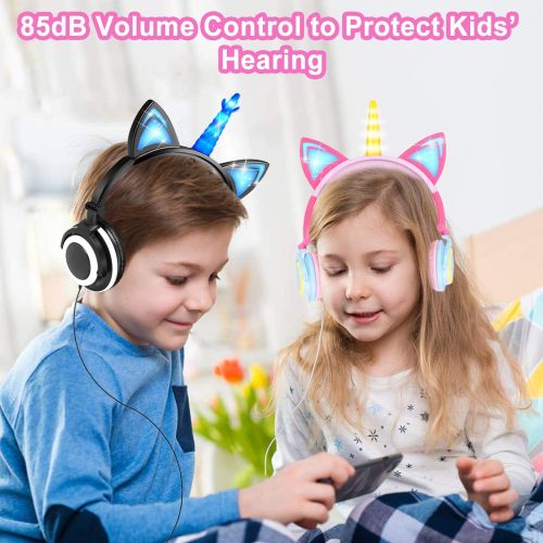  [아마존 핫딜] [아마존핫딜]GBD Unicorn Kids Cat Ear Headphones Light Up Wired Adjustable for Boys Girls Tablet School Supplies, Led Glowing Kids Earphones Foldable Over On Ear Game Headset Toddlers Travel Bi