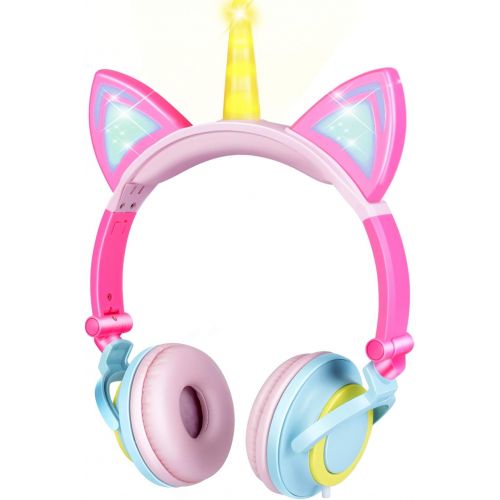  [아마존베스트]GBD Unicorn Kids Cat Ear Headphones for Girls Boys Toddlers Tablet School Supply Gifts,Light Up Wired Kids Pink Headphones Over On Foldable Ear Game Headset Travel Holiday Birthday