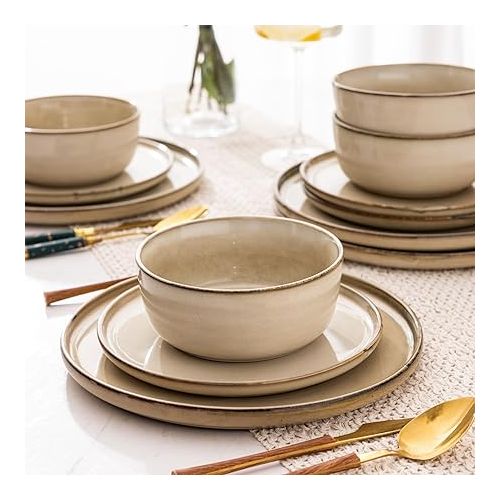  Ceramic Dinnerware Sets for 6, 18 Pieces Stoneware Plates and Bowls Sets, Chip and Scratch Resistant Dishes, Dishwasher & Microwave Safe, Reactive Glaze-Cappuccino