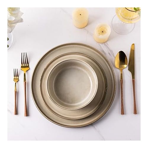  Ceramic Dinnerware Sets for 6, 18 Pieces Stoneware Plates and Bowls Sets, Chip and Scratch Resistant Dishes, Dishwasher & Microwave Safe, Reactive Glaze-Cappuccino