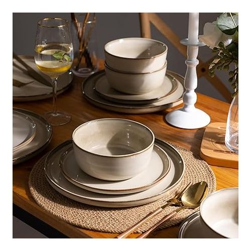  Ceramic Dinnerware Sets for 6, 18 Pieces Stoneware Plates and Bowls Sets, Chip and Scratch Resistant Dishes, Dishwasher & Microwave Safe, Reactive Glaze-Cappuccino