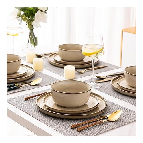  Ceramic Dinnerware Sets for 6, 18 Pieces Stoneware Plates and Bowls Sets, Chip and Scratch Resistant Dishes, Dishwasher & Microwave Safe, Reactive Glaze-Cappuccino