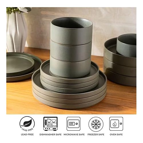  Ceramic Dinnerware Sets for 4, Stoneware Plates and Bowls Sets, Chip and Scratch Resistant Dishes, Dishwasher & Microwave& Oven Safe Dishes sets, Reactive Glaze-Green