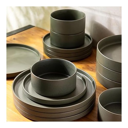  Ceramic Dinnerware Sets for 4, Stoneware Plates and Bowls Sets, Chip and Scratch Resistant Dishes, Dishwasher & Microwave& Oven Safe Dishes sets, Reactive Glaze-Green