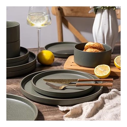  Ceramic Dinnerware Sets for 4, Stoneware Plates and Bowls Sets, Chip and Scratch Resistant Dishes, Dishwasher & Microwave& Oven Safe Dishes sets, Reactive Glaze-Green