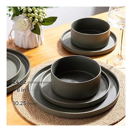  Ceramic Dinnerware Sets for 4, Stoneware Plates and Bowls Sets, Chip and Scratch Resistant Dishes, Dishwasher & Microwave& Oven Safe Dishes sets, Reactive Glaze-Green