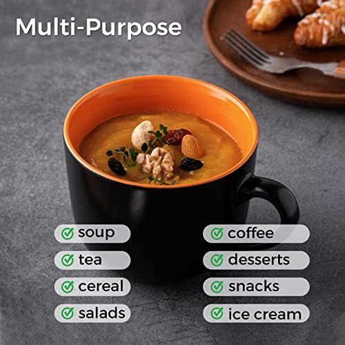  [아마존베스트]GBHOME Soup Bowls and Cereal Mugs Set of 4, 24 OZ Wide Ceramic Mug Set for Soup, Cereal, Snacks, Salad, Pasta, Coffee and Tea, Matte Black, Colorful inside