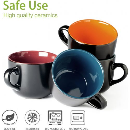  [아마존베스트]GBHOME Soup Bowls and Cereal Mugs Set of 4, 24 OZ Wide Ceramic Mug Set for Soup, Cereal, Snacks, Salad, Pasta, Coffee and Tea, Matte Black, Colorful inside