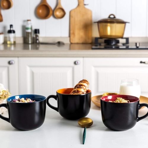  [아마존베스트]GBHOME Soup Bowls and Cereal Mugs Set of 4, 24 OZ Wide Ceramic Mug Set for Soup, Cereal, Snacks, Salad, Pasta, Coffee and Tea, Matte Black, Colorful inside