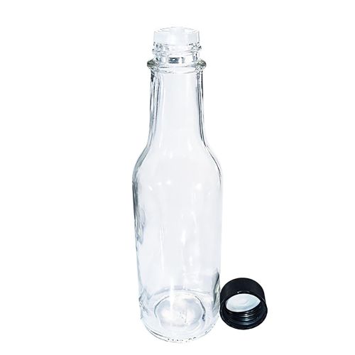  GBO GLASSBOTTLEOUTLET.COM (24 Pack) 5 oz. Clear Glass Hot Sauce Bottle (woozy) with Black Cap + Shrink band and Orifice Reducer