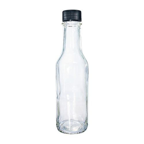  GBO GLASSBOTTLEOUTLET.COM (24 Pack) 5 oz. Clear Glass Hot Sauce Bottle (woozy) with Black Cap + Shrink band and Orifice Reducer