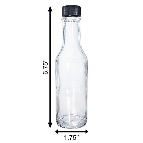  GBO GLASSBOTTLEOUTLET.COM (24 Pack) 5 oz. Clear Glass Hot Sauce Bottle (woozy) with Black Cap + Shrink band and Orifice Reducer