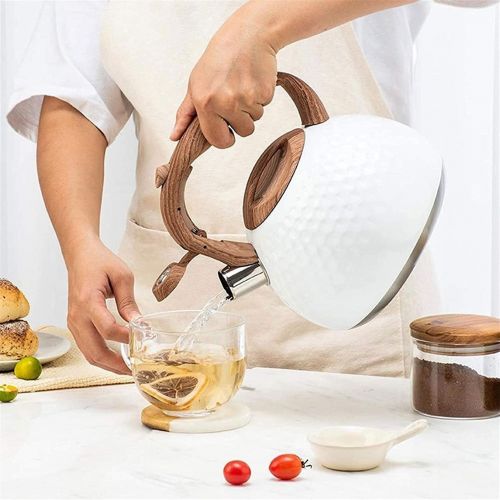  Whistling Tea Kettle Teapot Whistle Teapot 2.8L White Stainless Steel Tea Kettle Heat Resistant Wood Grain Handle Suitable for Stove Top GCSQF210919