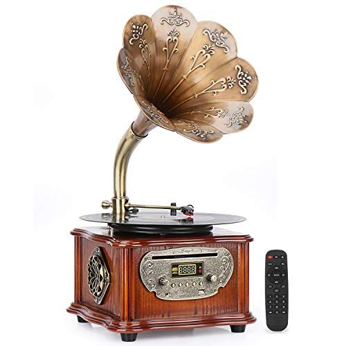  GDEAST Phonograph Turntable Wireless Speaker, with Aux-in, FM Radio, USB Port for Flash Drive, Aluminum Gramophone Vintage Retro Style (Wood)