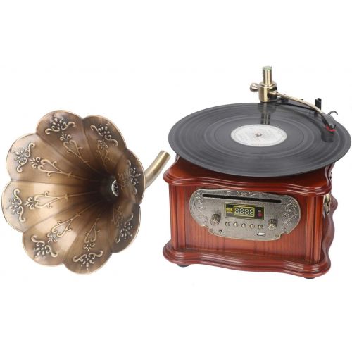  GDEAST Phonograph Turntable Wireless Speaker, with Aux-in, FM Radio, USB Port for Flash Drive, Aluminum Gramophone Vintage Retro Style (Wood)