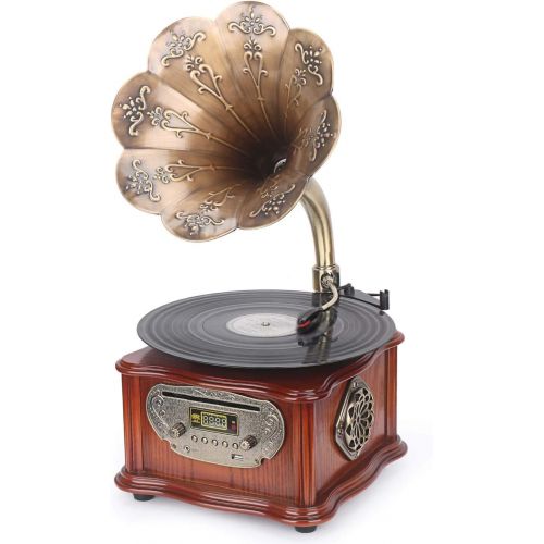  GDEAST Phonograph Turntable Wireless Speaker, with Aux-in, FM Radio, USB Port for Flash Drive, Aluminum Gramophone Vintage Retro Style (Wood)