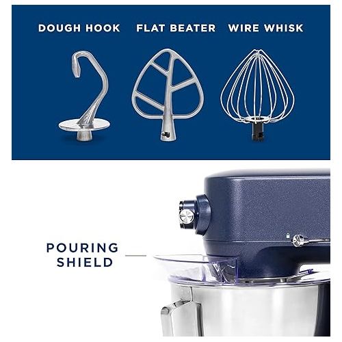  GE Tilt-Head Electric Stand Mixer | 7-Speed, 350-Watt Motor | Includes 5.3-Quart Bowl, Flat Beater, Dough Hook, Wire Whisk & Pouring Shield | Countertop Kitchen Essentials | Sapphire Blue